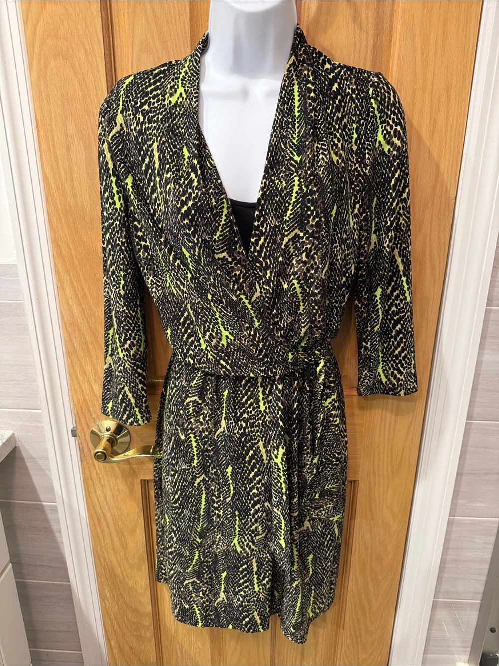 Tahari Neon Green and Black Snake-Print Wrap Dress